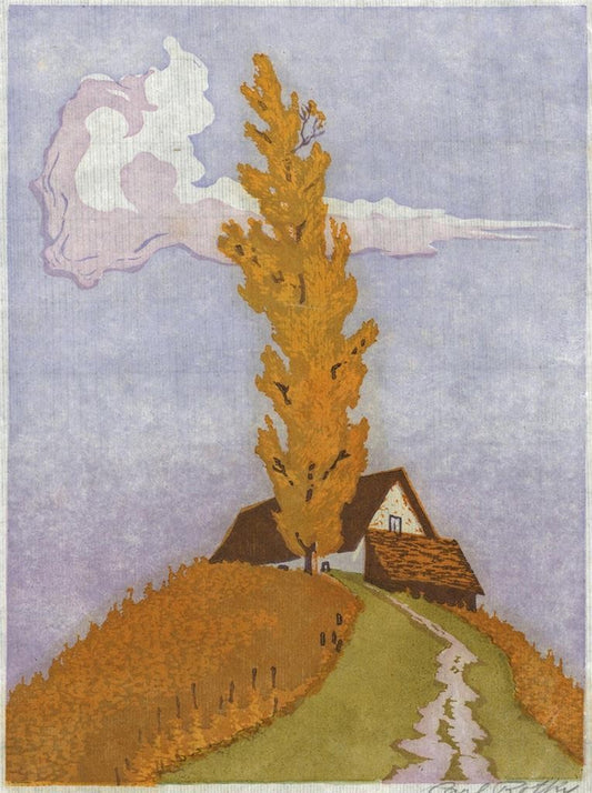 Carl Rotky (1891-1977) Pencil Signed Woodcut - Tree & Cottage On Hill0