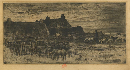 Felix Buhot (1847-1898) Etching - Sheepfold At Sunset 1881 - Red Owl Stamp0