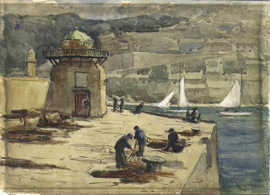 Sydney Smith (1912-1982) Watercolour Painting Smeatons Pier St Ives Cornwall0