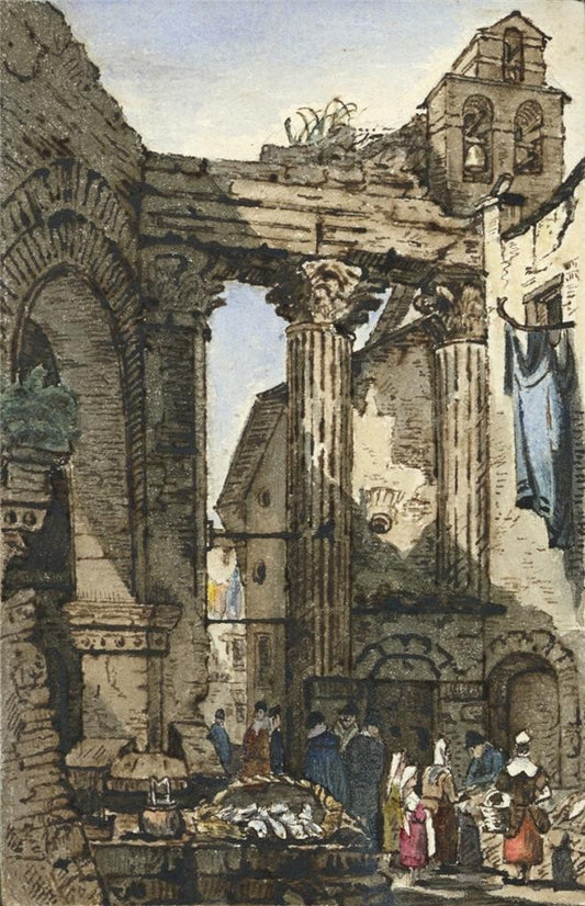Style Of Samuel Prout The Fish Market, Rome Watercolour Painting 19th Century0