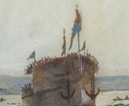 HMS Warspite Launch Devonport Plymouth 1913 Watercolour Painting - Signed7