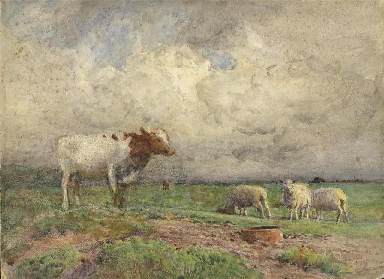 John Pedder (1850-1929) Watercolour Painting Cows & Sheep Rural Landscape0