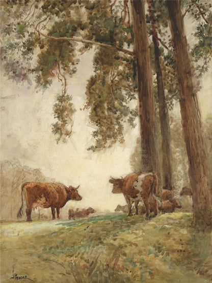 John Pedder (1850-1929) Watercolour Painting - Cows In Rural Scene0