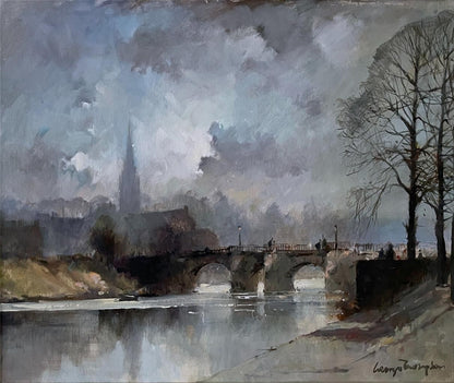 George Thompson (1934-2019) Oil Painting Old Dee Bridge From The Groves Chester1