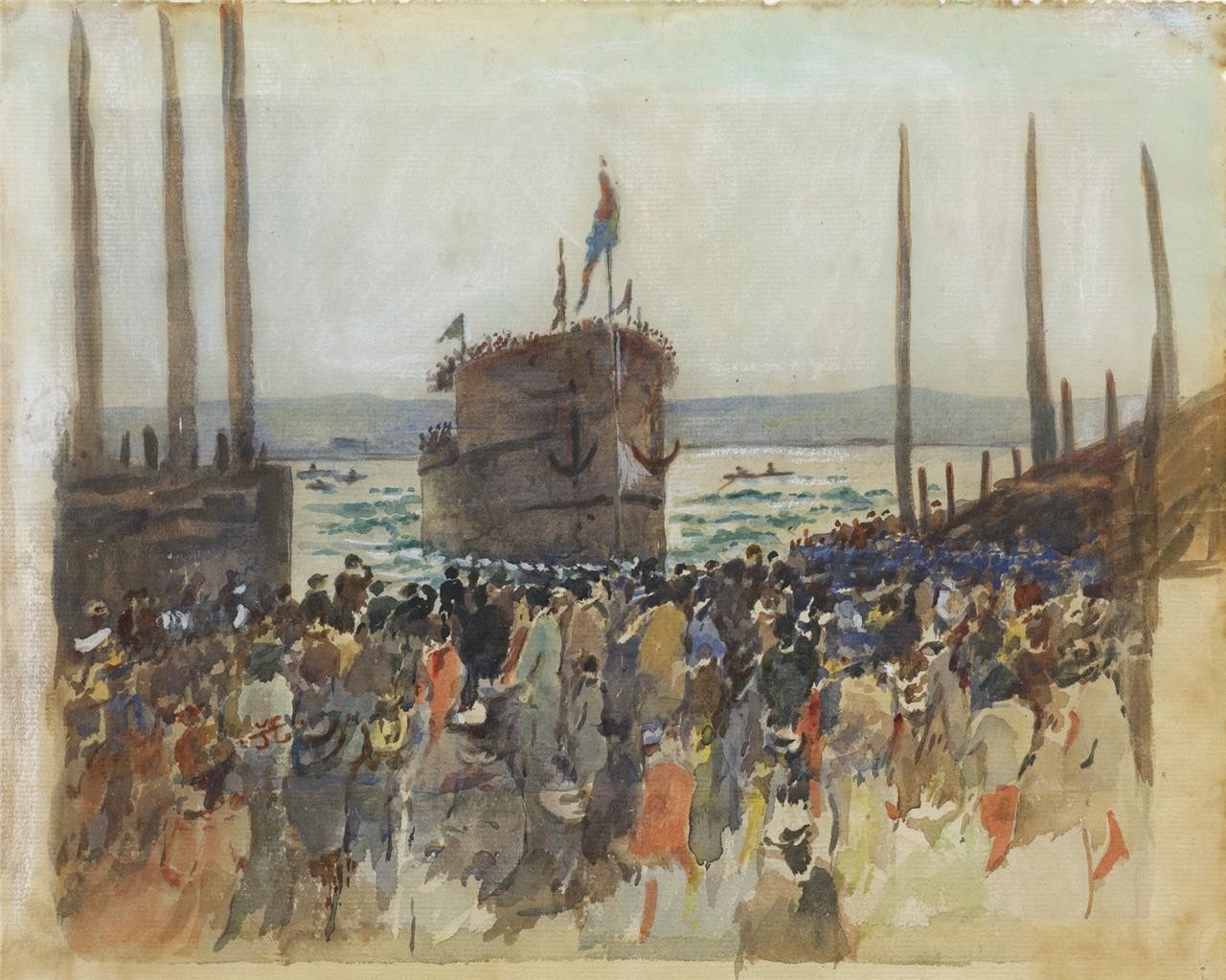 HMS Warspite Launch Devonport Plymouth 1913 Watercolour Painting - Signed0