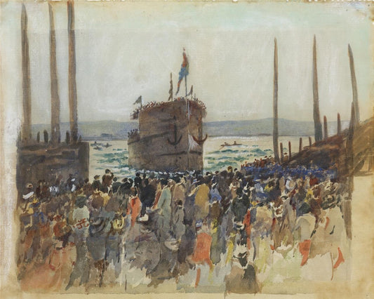 HMS Warspite Launch Devonport Plymouth 1913 Watercolour Painting - Signed0