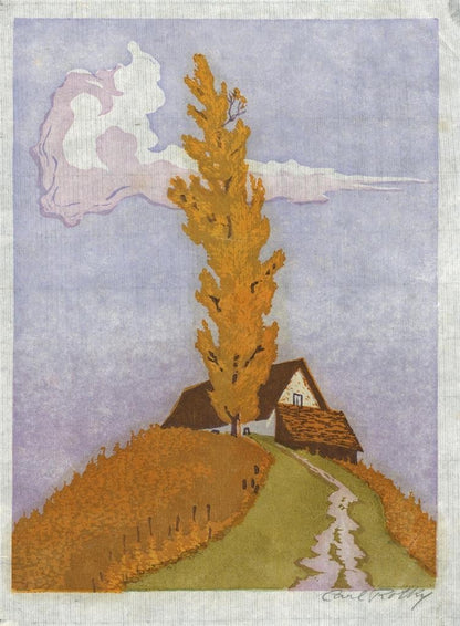 Carl Rotky (1891-1977) Pencil Signed Woodcut - Tree & Cottage On Hill3