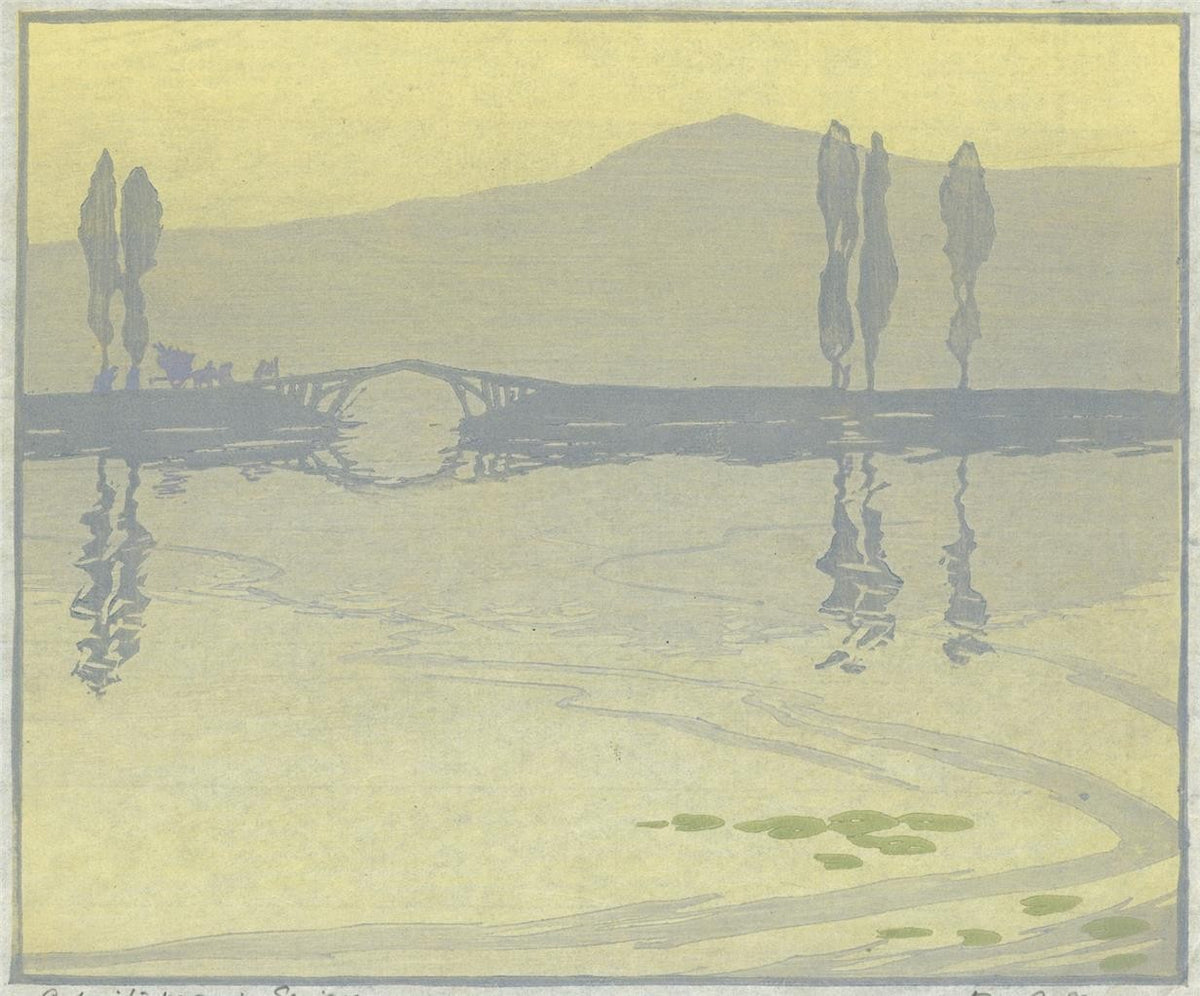 D N Morgan - Woodcut Signed In Pencil - A Misty Morning Srinagar India0