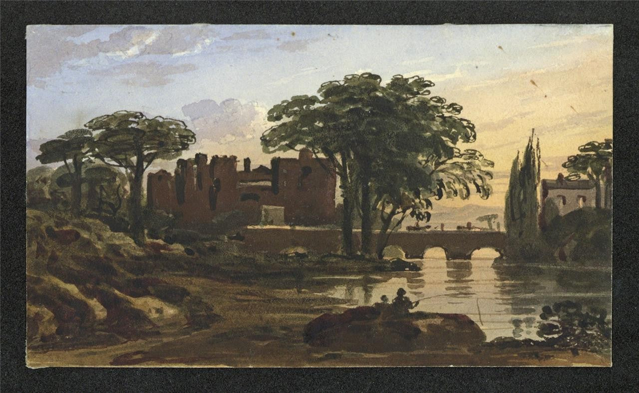 Castle In Landscape - Miniature Watercolour Painting - 19th Century1