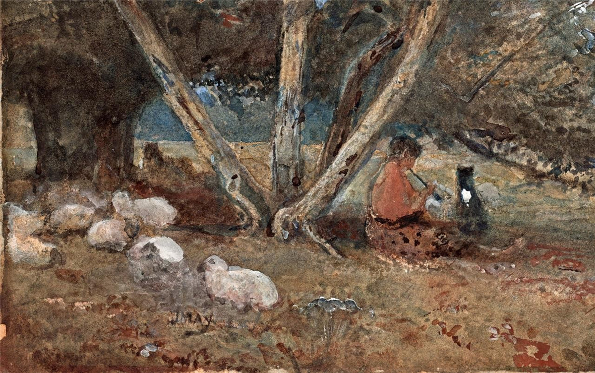 J May Watercolour Painting - Figure & Sheep In Landscape3