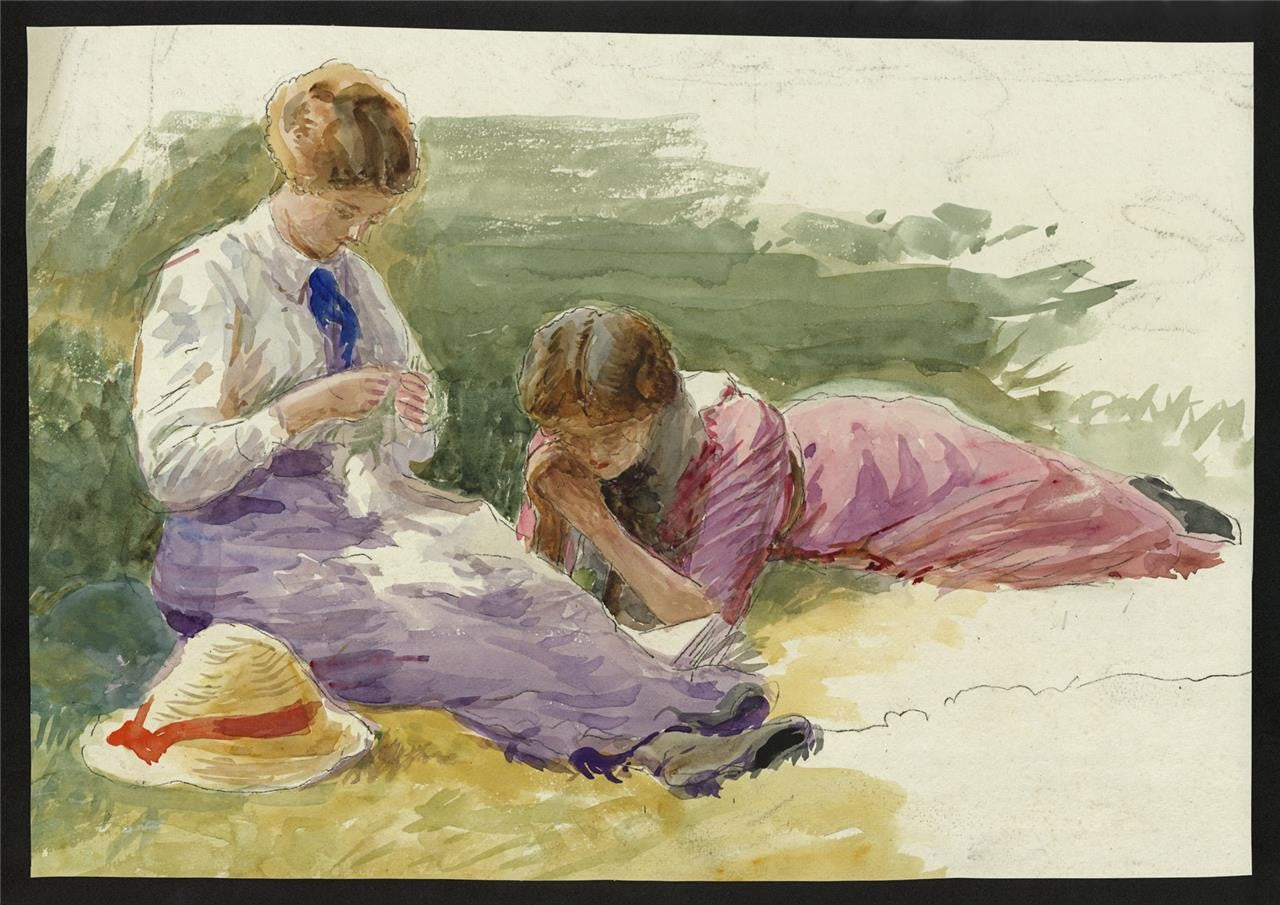Two Ladies In Landscape - Watercolour Painting - Late 19th / Early 20th Century1
