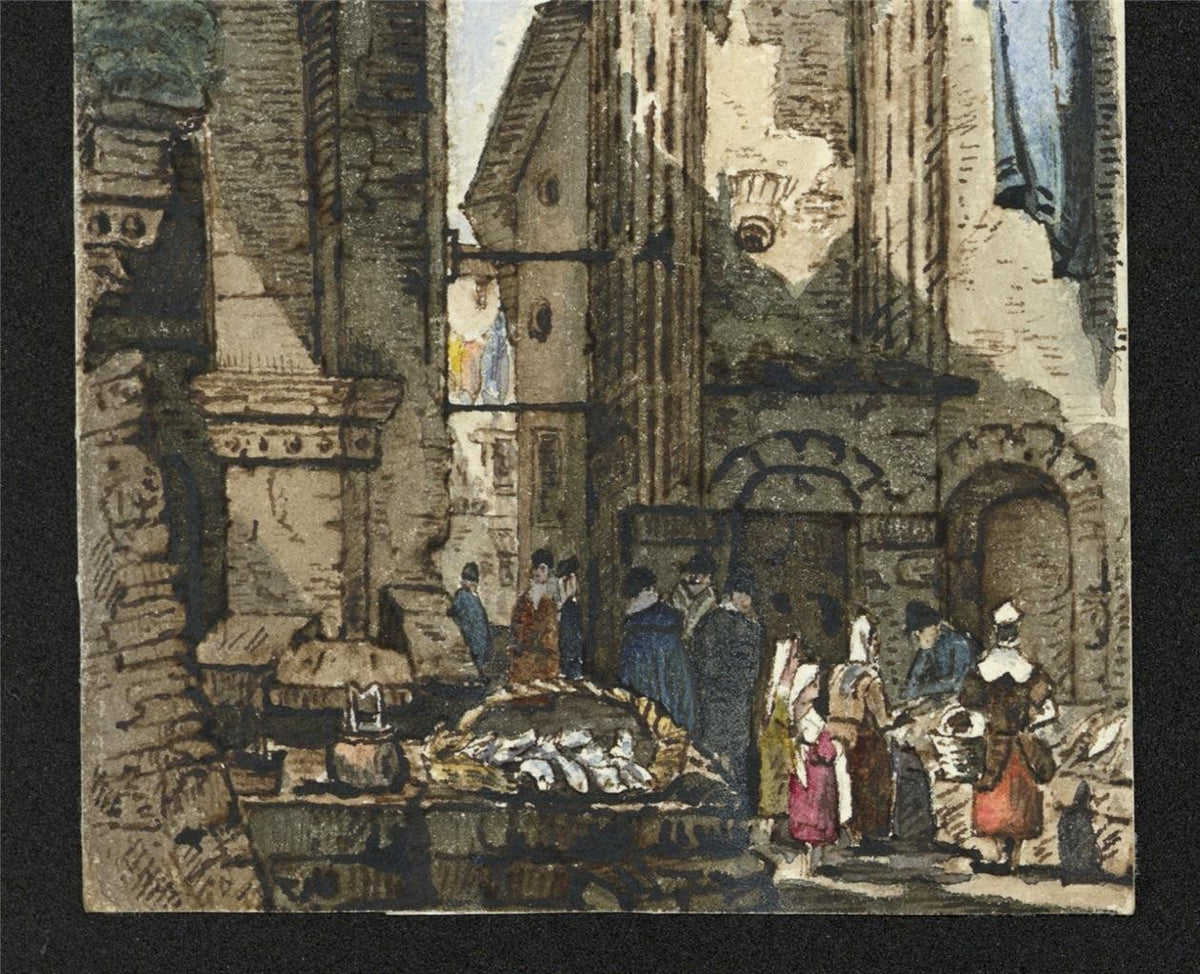 Style Of Samuel Prout The Fish Market, Rome Watercolour Painting 19th Century3