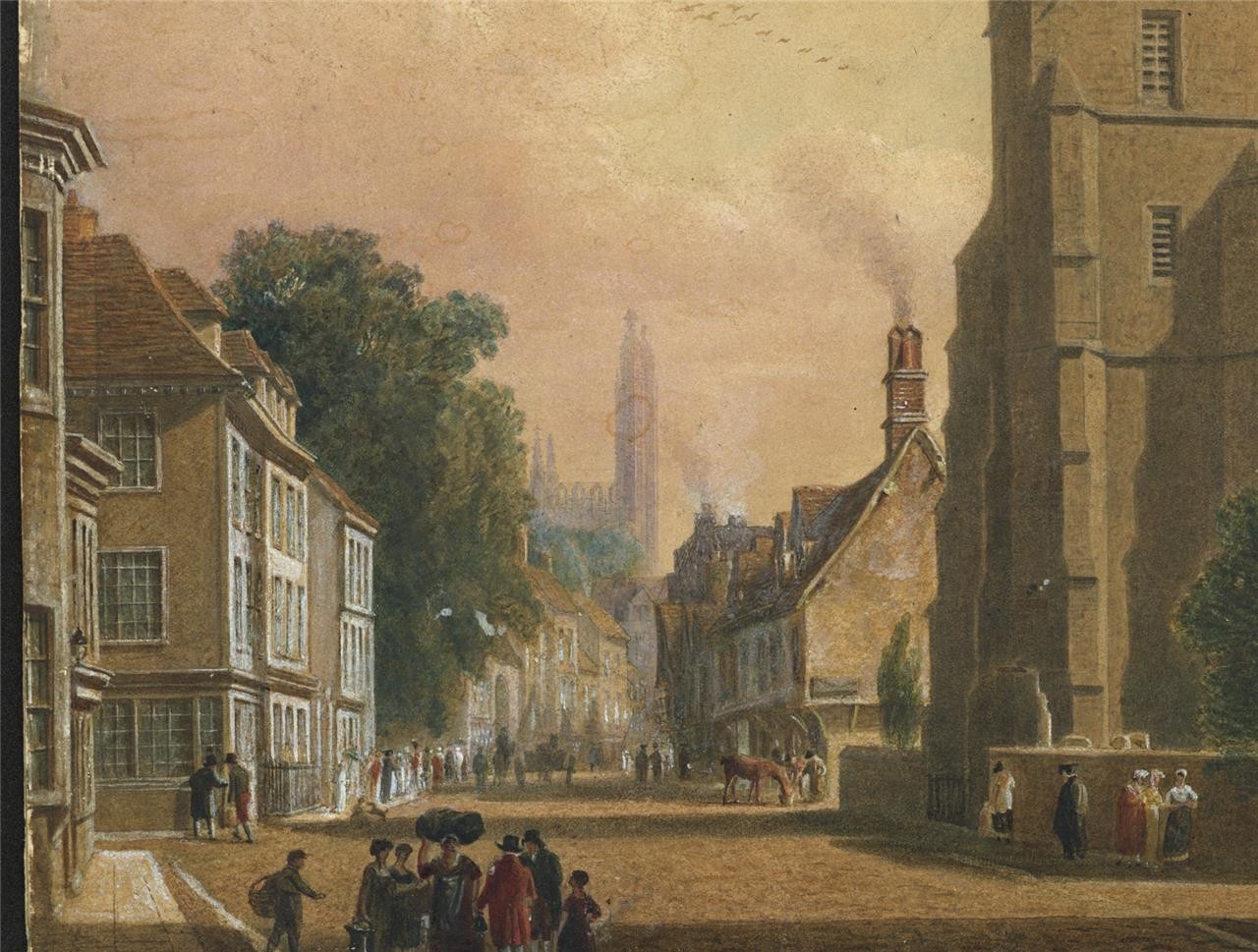 Trumpington Street Cambridge Watercolour Painting 19th Century In Style Of Pugin6