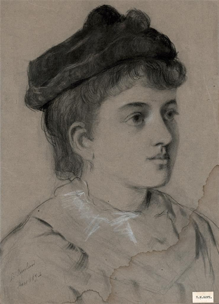 ELMA MARY GOVE (1832-1921) Antique Drawing LADY WEARING HAT - AMERICAN ARTIST0