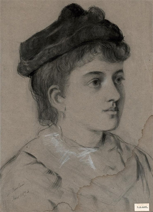 ELMA MARY GOVE (1832-1921) Antique Drawing LADY WEARING HAT - AMERICAN ARTIST0