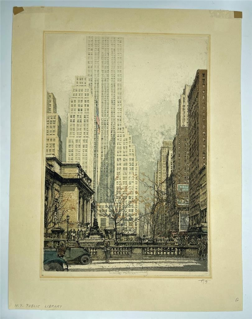 Luigi Kasimir (1881-1962) Pencil Signed Etching Public Library New York USA1