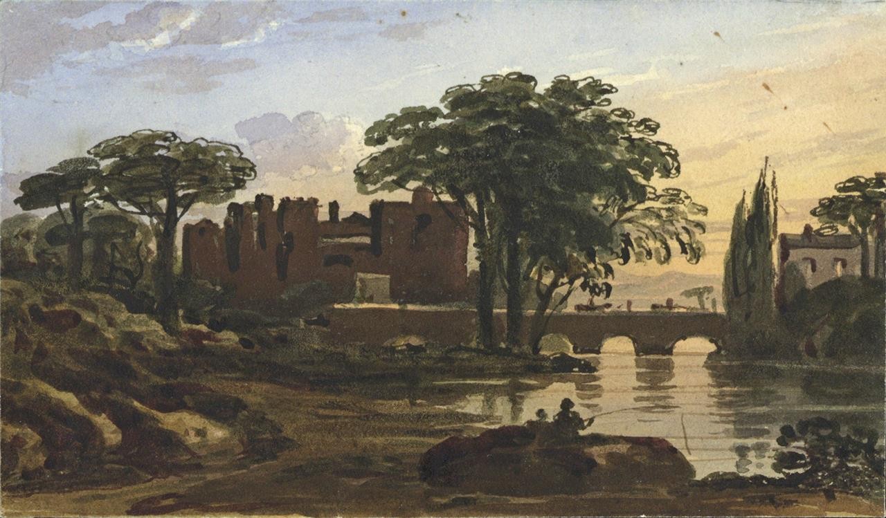 Castle In Landscape - Miniature Watercolour Painting - 19th Century0