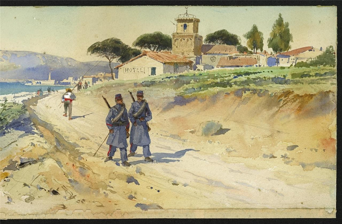 Pierre Comba (1859-1934) Watercolour Painting - French Military In Coastal Scene11