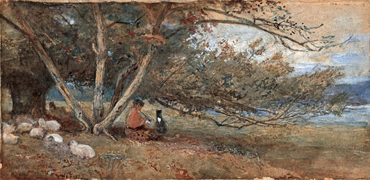 J May Watercolour Painting - Figure & Sheep In Landscape0