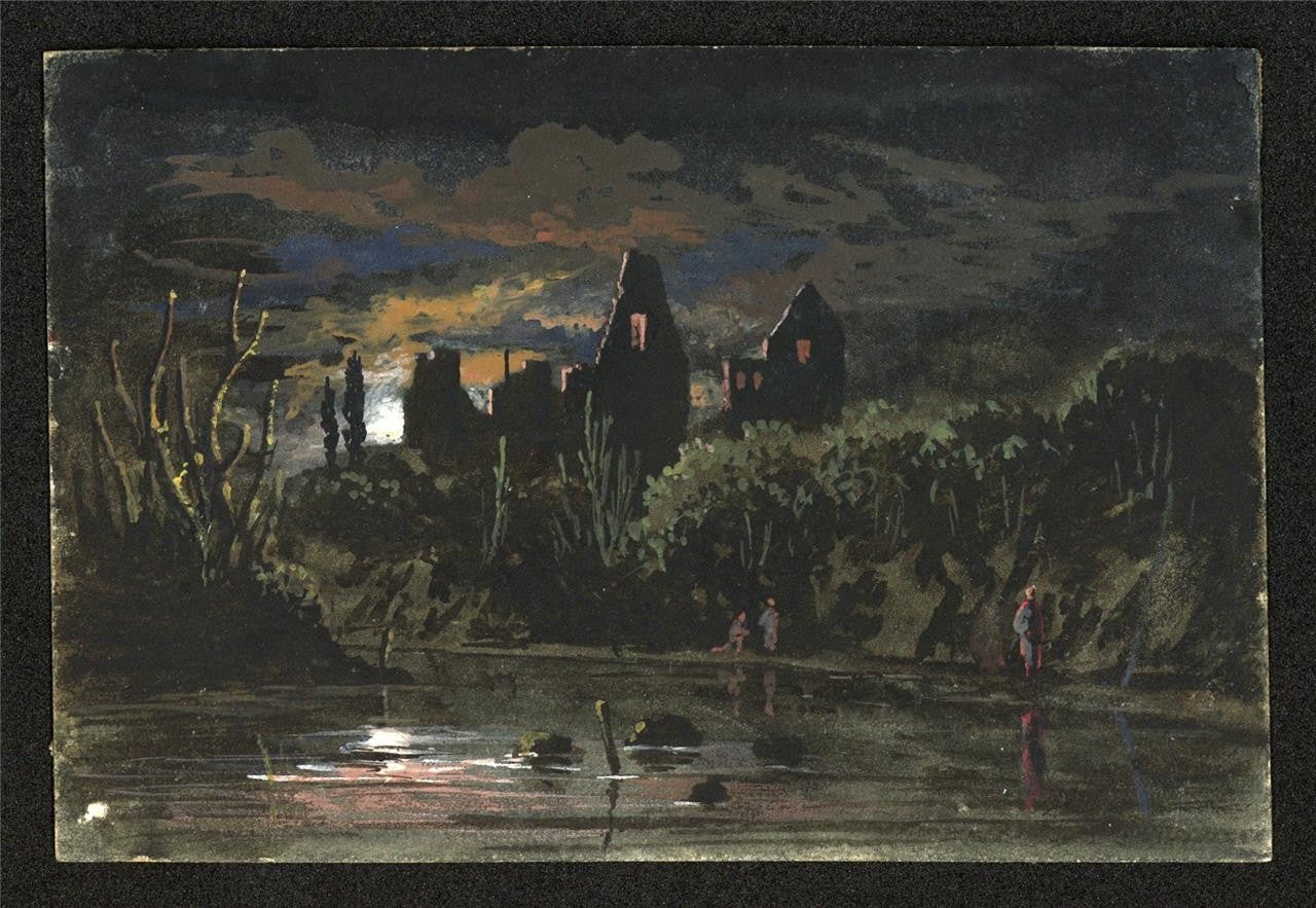 Ruins In Landscape - Miniature Gouache Painting - 19th Century1