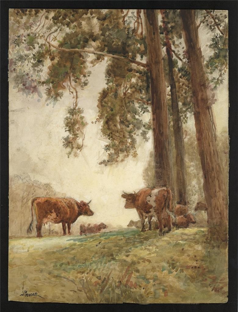 John Pedder (1850-1929) Watercolour Painting - Cows In Rural Scene1