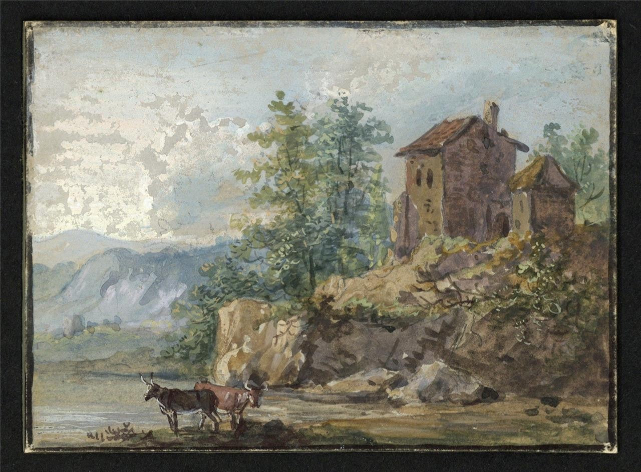 In The Manner Of Paul Sandby - Miniature Gouache Painting - Cattle In Landscape1