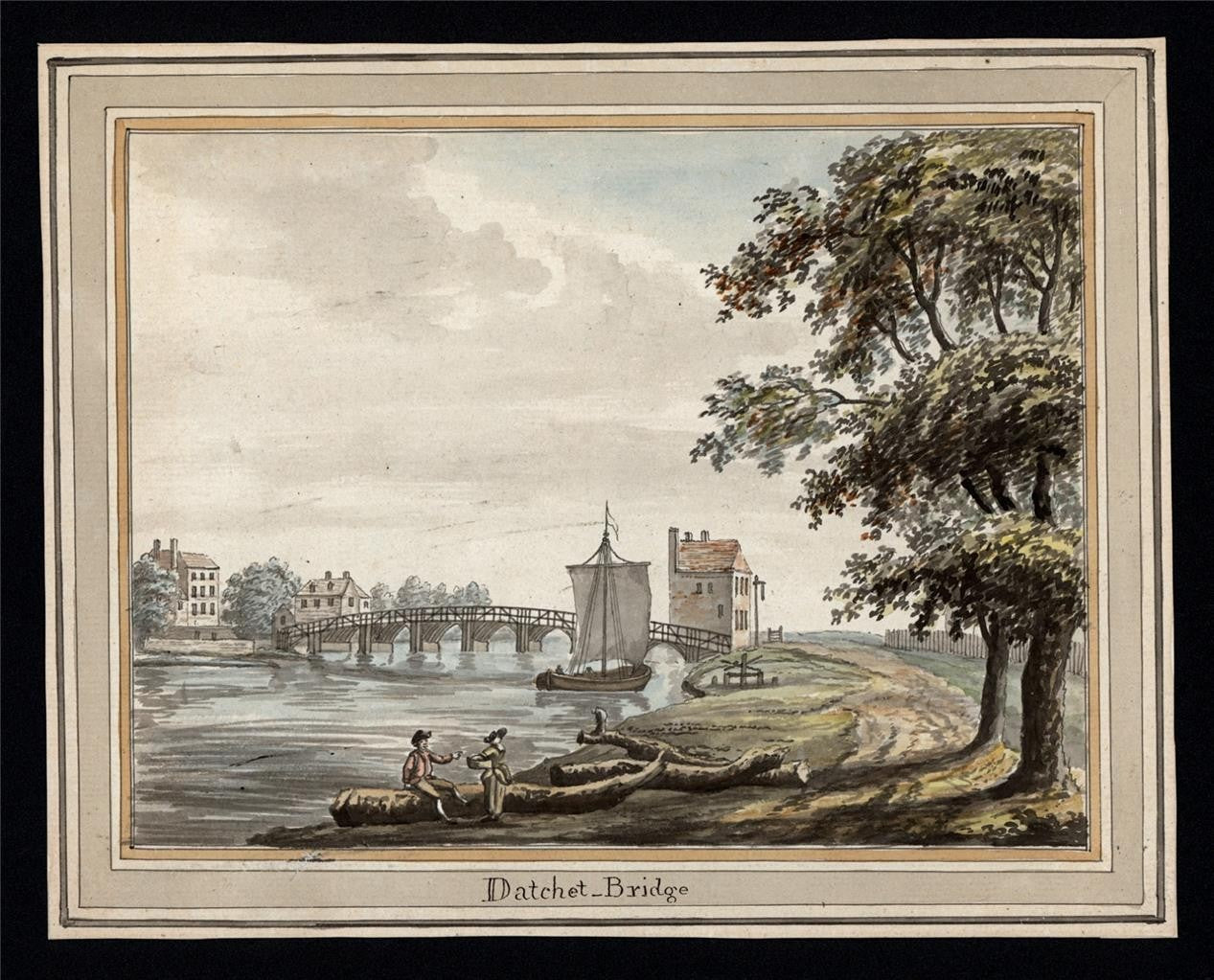 Datchet Bridge River Thames - Antique Watercolour Painting - Early 19th Century1