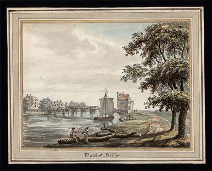 Datchet Bridge River Thames - Antique Watercolour Painting - Early 19th Century1