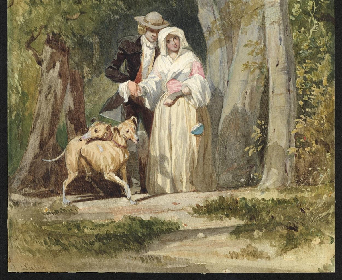 Auguste Francois Laby - Watercolour Painting - Lady & Gentleman With Dogs6
