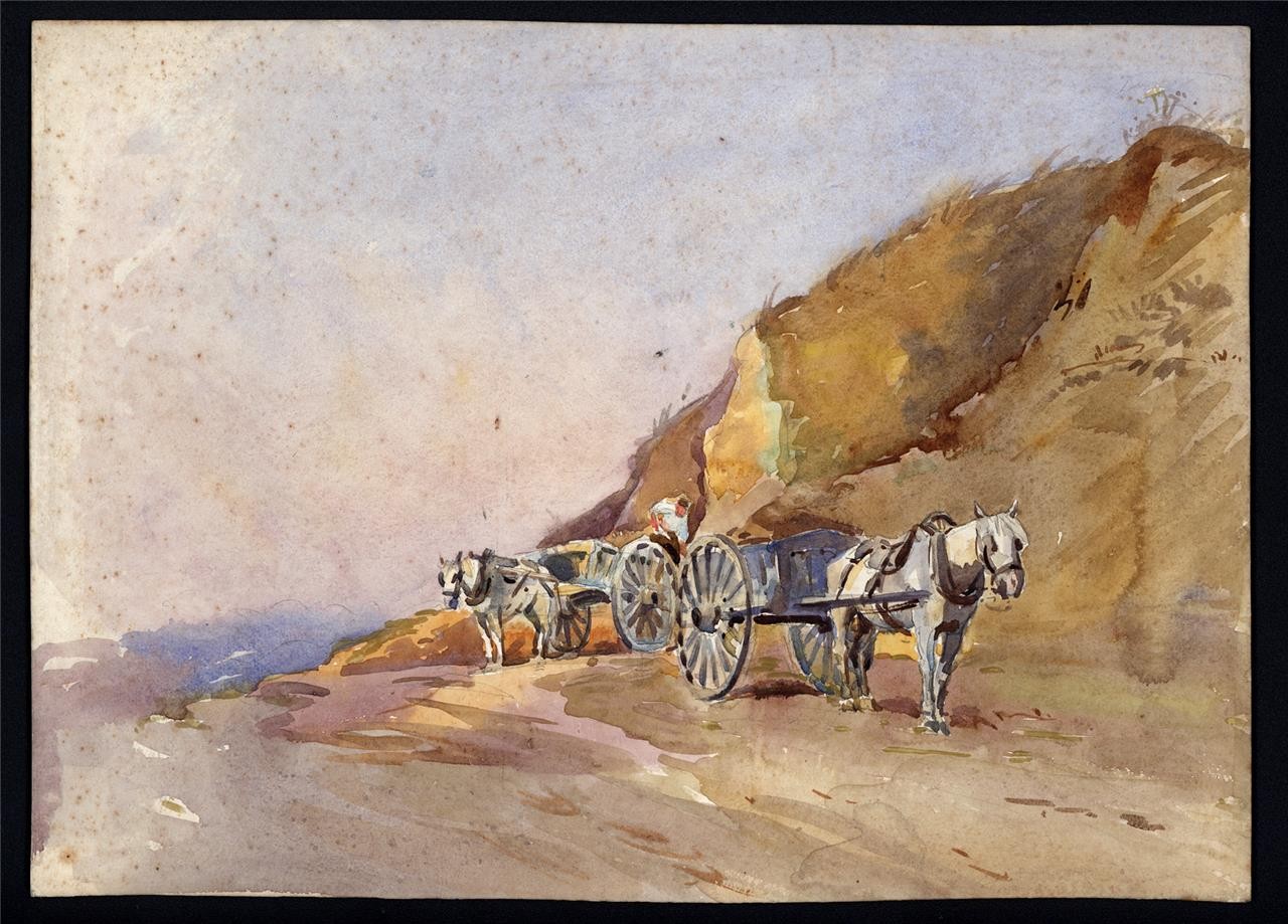 Alfred Crowdy Lovett (1862-1919) Watercolour Painting - Horses & Carts On Coast2