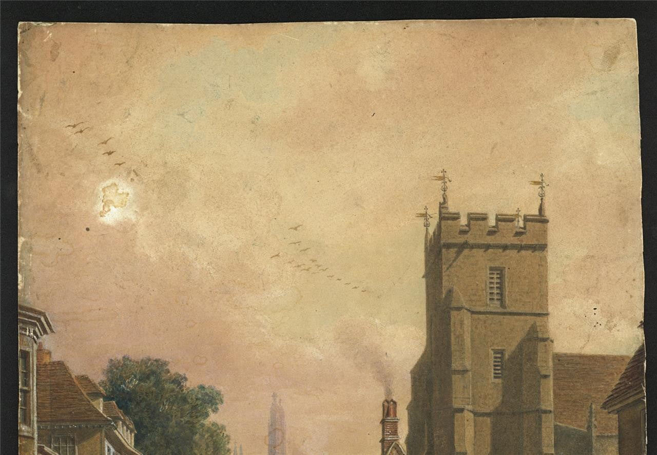 Trumpington Street Cambridge Watercolour Painting 19th Century In Style Of Pugin2