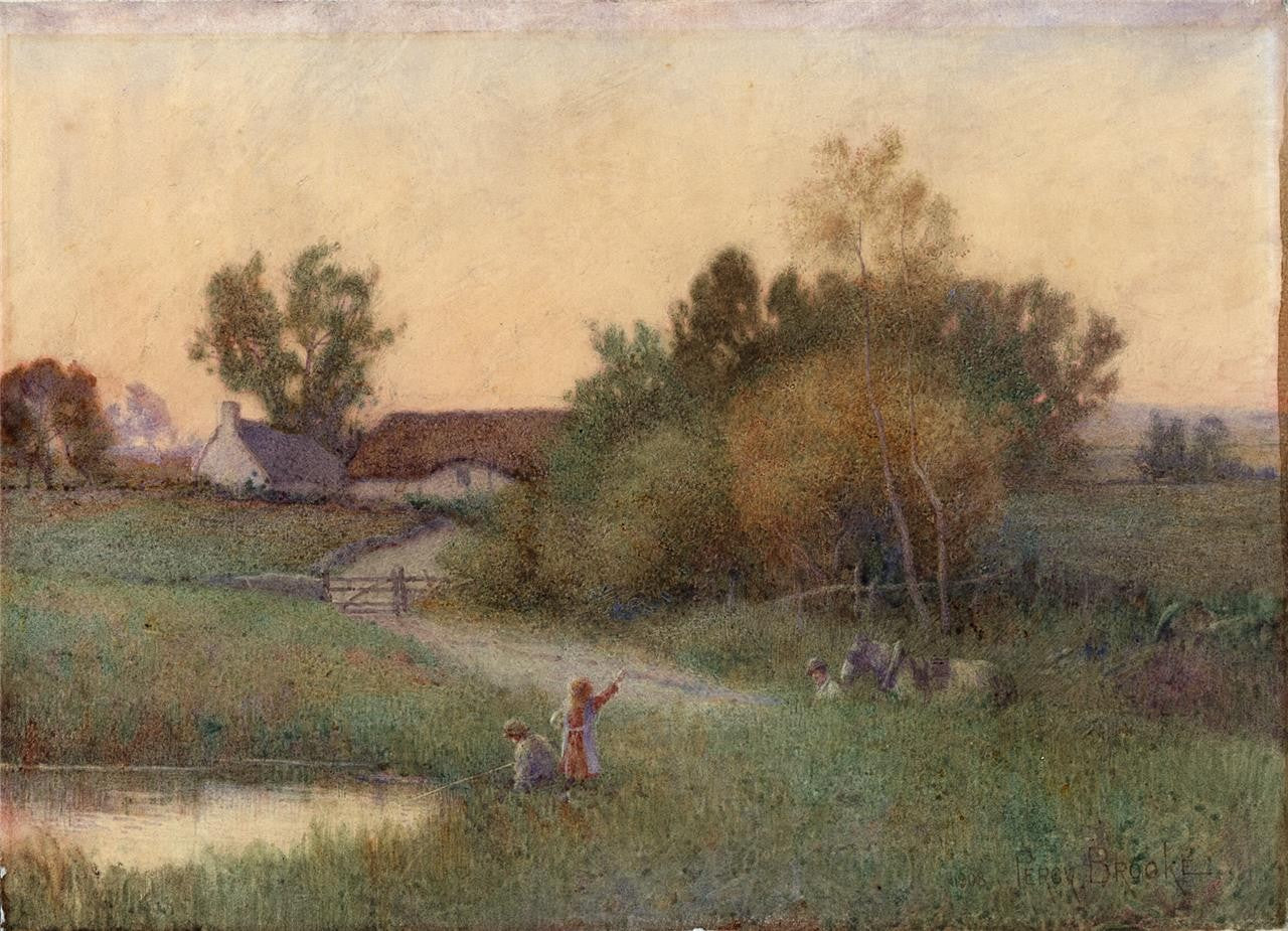 Percy Brooke (1869-1916) Watercolour Painting - Figures In Rural Landscape 19080