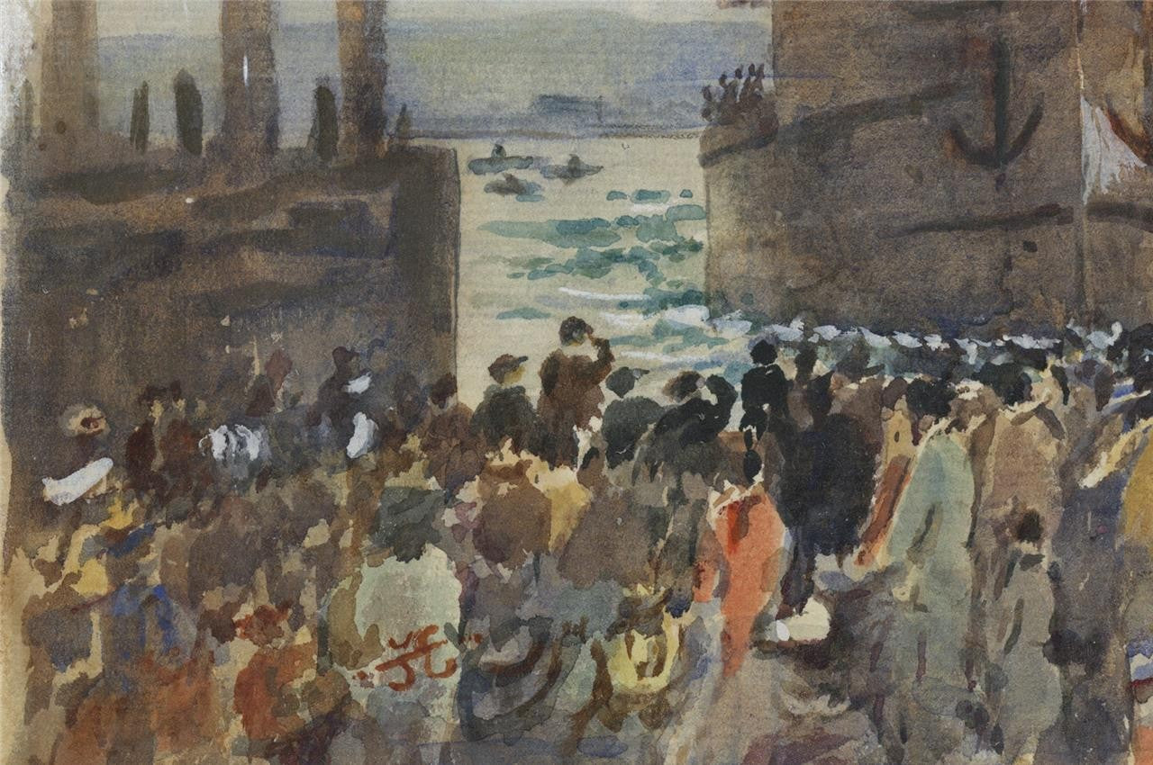 HMS Warspite Launch Devonport Plymouth 1913 Watercolour Painting - Signed8