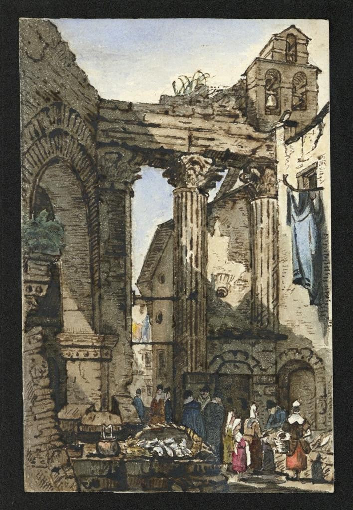 Style Of Samuel Prout The Fish Market, Rome Watercolour Painting 19th Century1