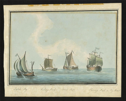 Dutch Fishing Boats - Seascape - Antique Watercolour Painting - 19th Century1