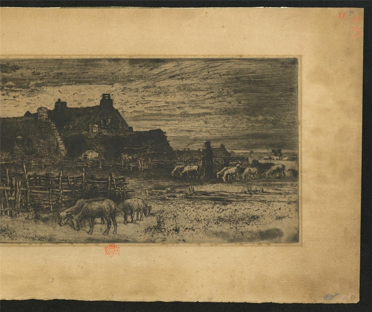 Felix Buhot (1847-1898) Etching - Sheepfold At Sunset 1881 - Red Owl Stamp5