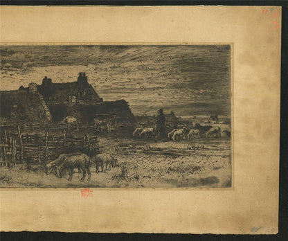 Felix Buhot (1847-1898) Etching - Sheepfold At Sunset 1881 - Red Owl Stamp5