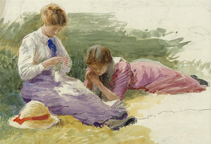 Two Ladies In Landscape - Watercolour Painting - Late 19th / Early 20th Century0