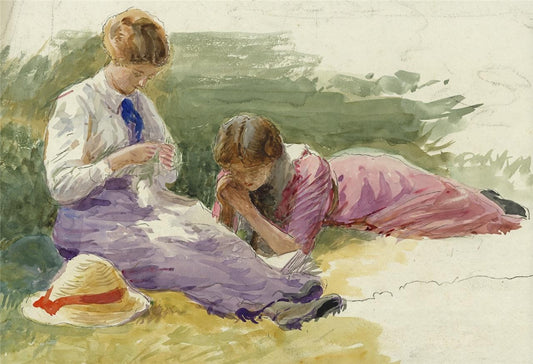 Two Ladies In Landscape - Watercolour Painting - Late 19th / Early 20th Century0