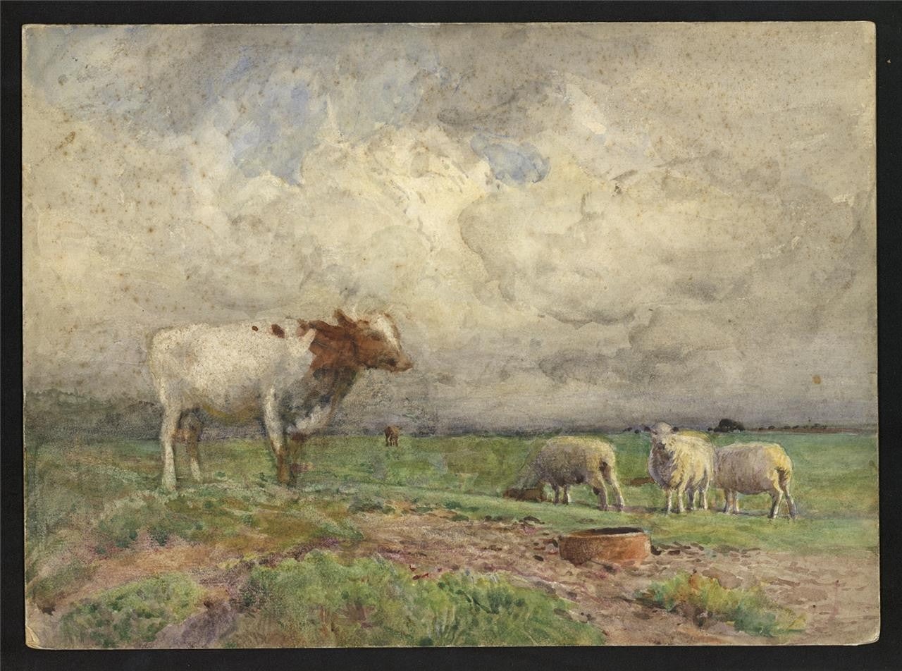 John Pedder (1850-1929) Watercolour Painting Cows & Sheep Rural Landscape1