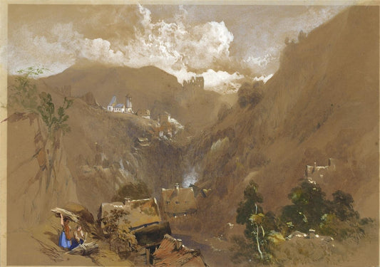 Henry Burdon Richardson Watercolour Painting Castle & Village Mountain Landscape0