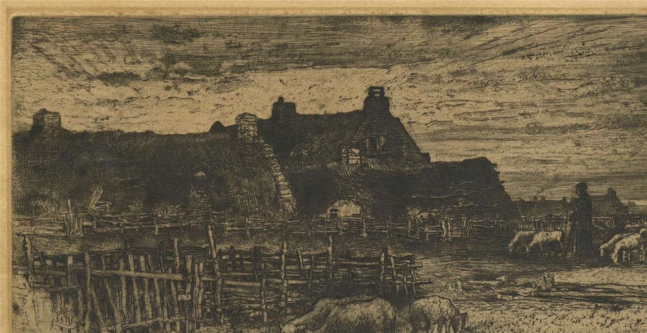 Felix Buhot (1847-1898) Etching - Sheepfold At Sunset 1881 - Red Owl Stamp9