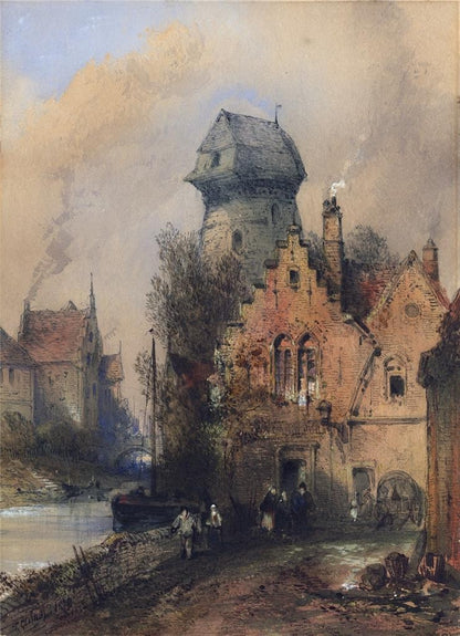Thomas Colman Dibdin (1810-1893) Watercolour Painting Canal Bruges Belgium 18760