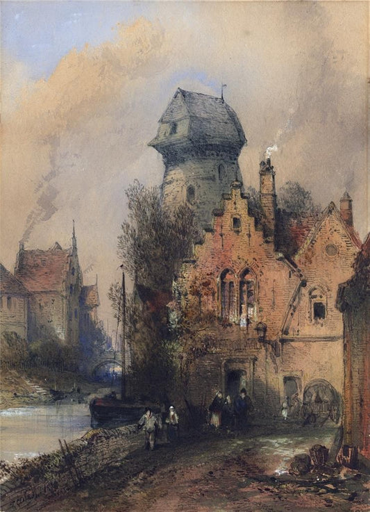 Thomas Colman Dibdin (1810-1893) Watercolour Painting Canal Bruges Belgium 18760