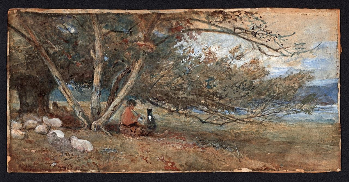 J May Watercolour Painting - Figure & Sheep In Landscape2