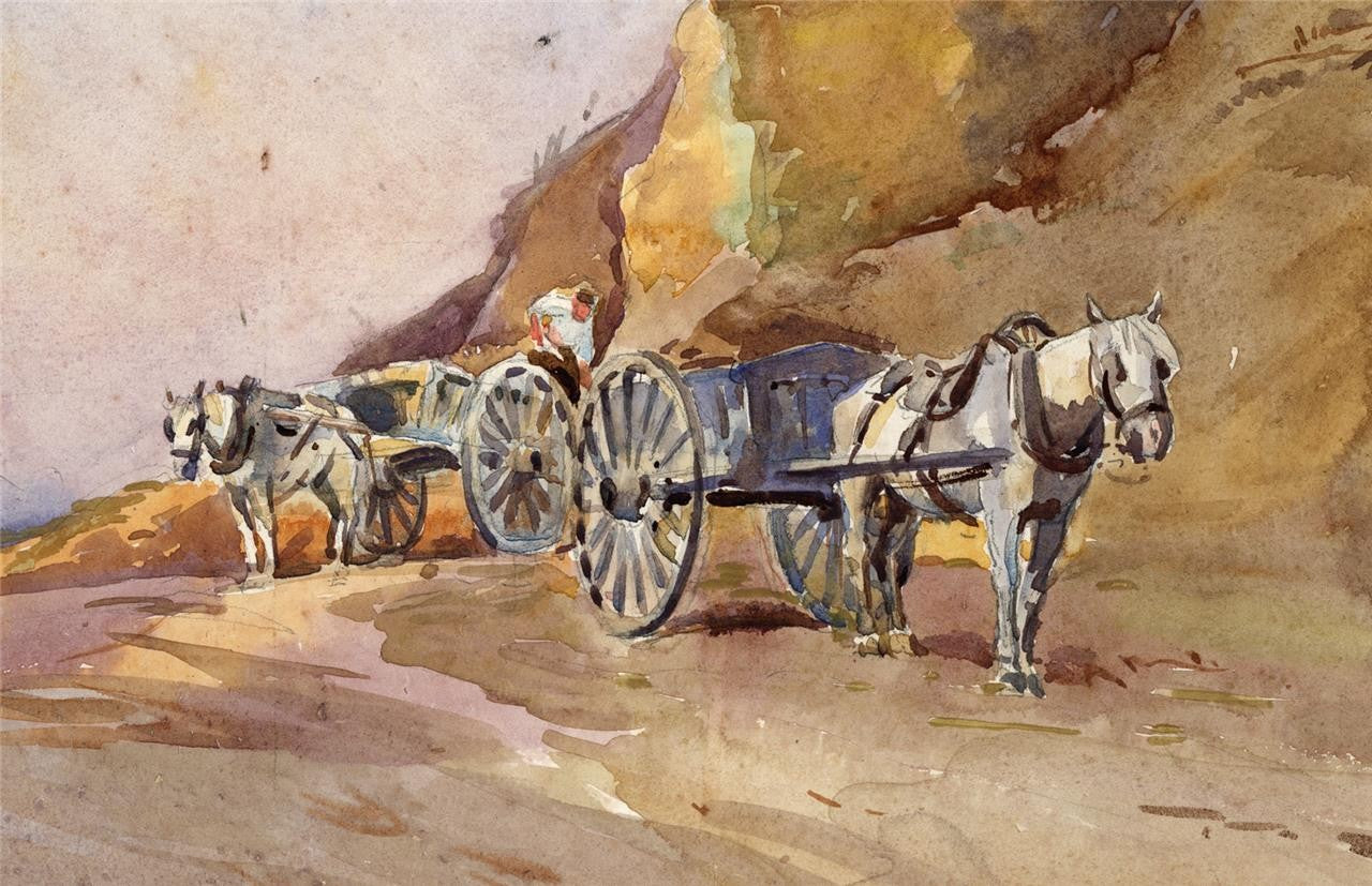 Alfred Crowdy Lovett (1862-1919) Watercolour Painting - Horses & Carts On Coast1