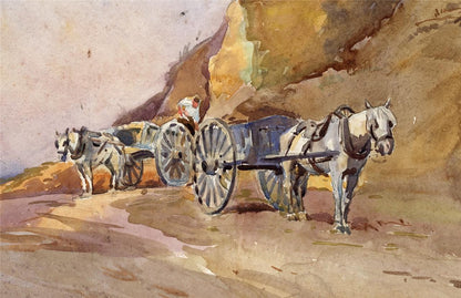 Alfred Crowdy Lovett (1862-1919) Watercolour Painting - Horses & Carts On Coast1