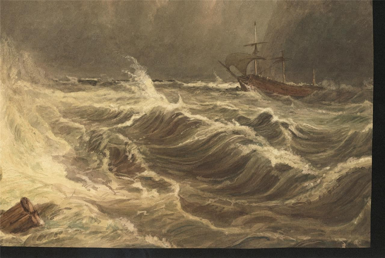 Storm At Sea - Antique Watercolour Painting - 19th Century - Seascape7