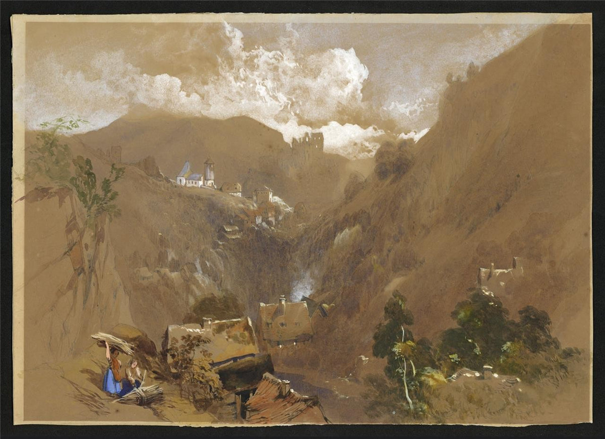 Henry Burdon Richardson Watercolour Painting Castle & Village Mountain Landscape1
