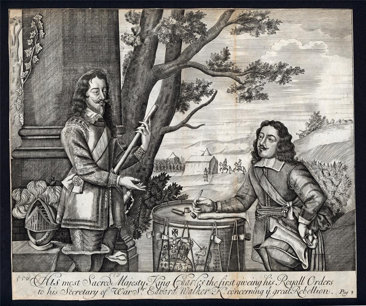 King Charles I & Sir Edward Walker - Antique Engraving - English Civil War1